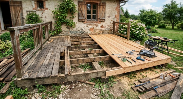 Remont starego tarasu drewnianego - szlifowanie, impregnacja, wymiana desek